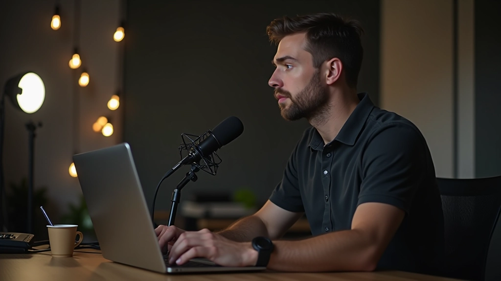 Content creator workspace with laptop, microphone, and lighting setup showing diverse content production setup