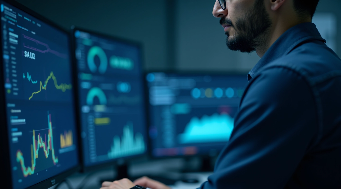 Data scientist monitoring AI model performance metrics on dashboard with real-time alerts