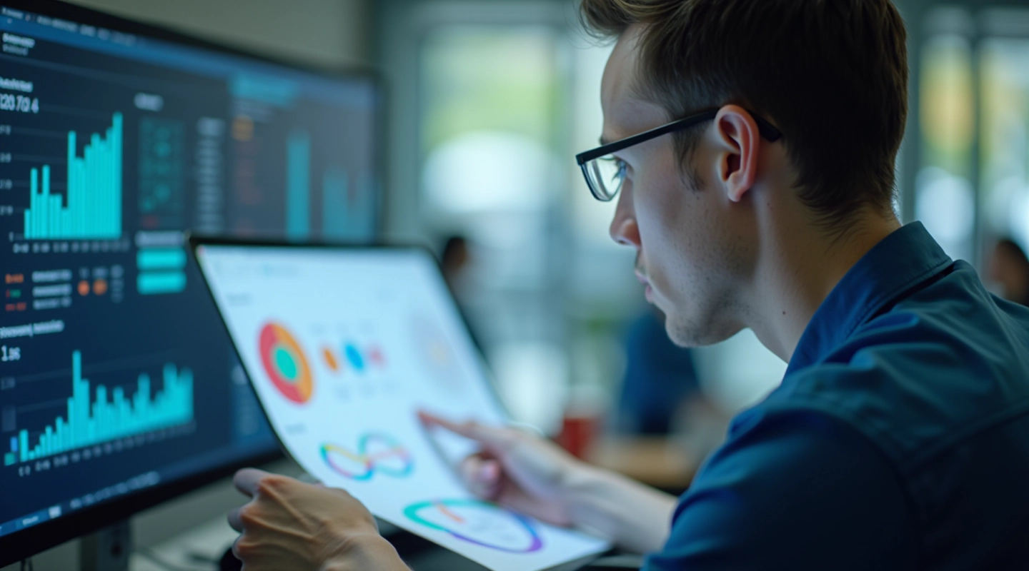 Data scientist reviewing statistical distributions and demographic breakdowns in training dataset