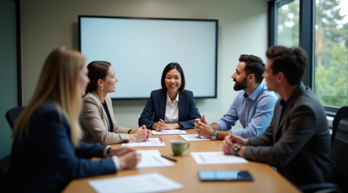 Professional meeting room with diverse team discussing ethics strategy and business alignment