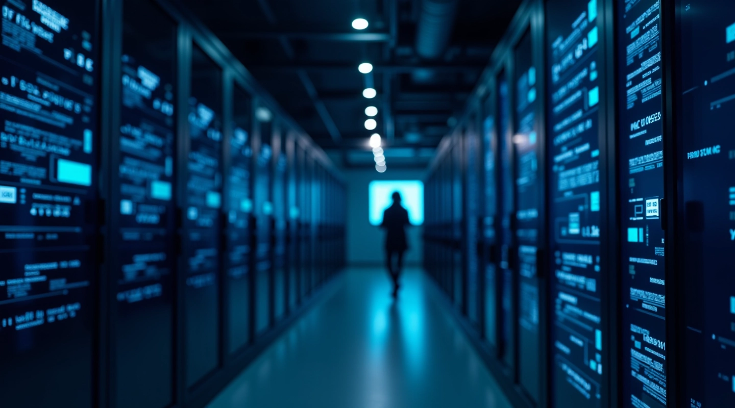 Modern data center with servers displaying recommendation algorithm visualization and fairness metrics