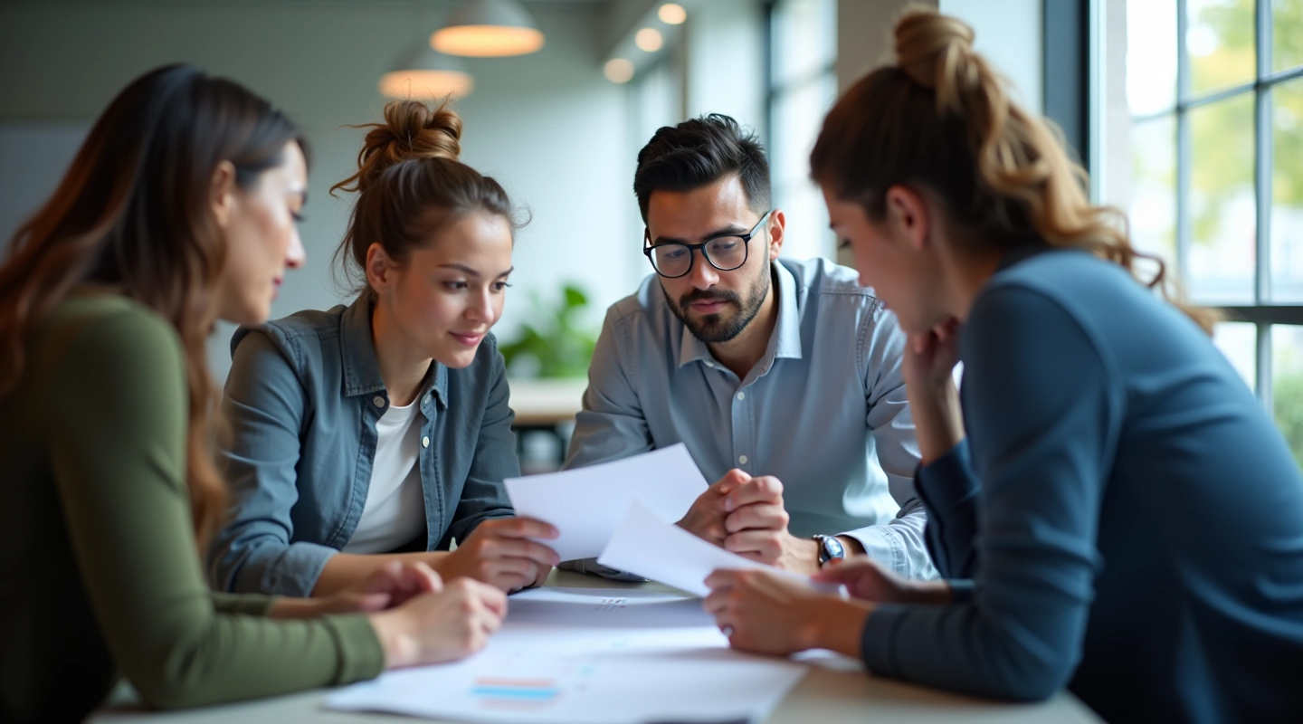 Team members collaborating on AI framework development in modern tech office