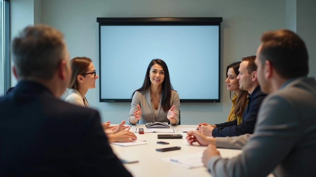 Team meeting room with stakeholders discussing ethical considerations for AI implementation